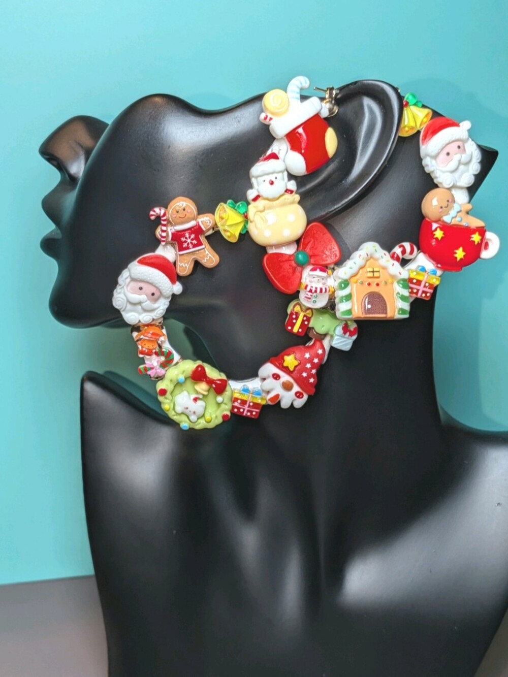 Hand Crafted Christmas Charm medium Hoop Earrings in Red, Green, White & Gold